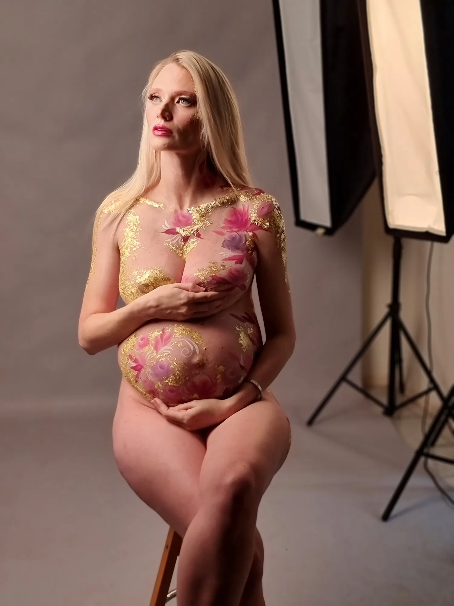 Gold leaf floral maternity body paint