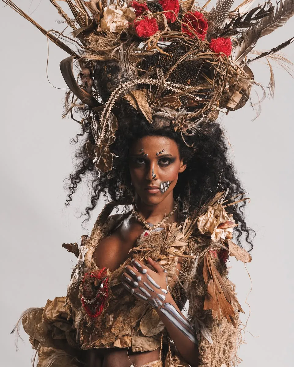 Dried floral headdress and skeleton body art